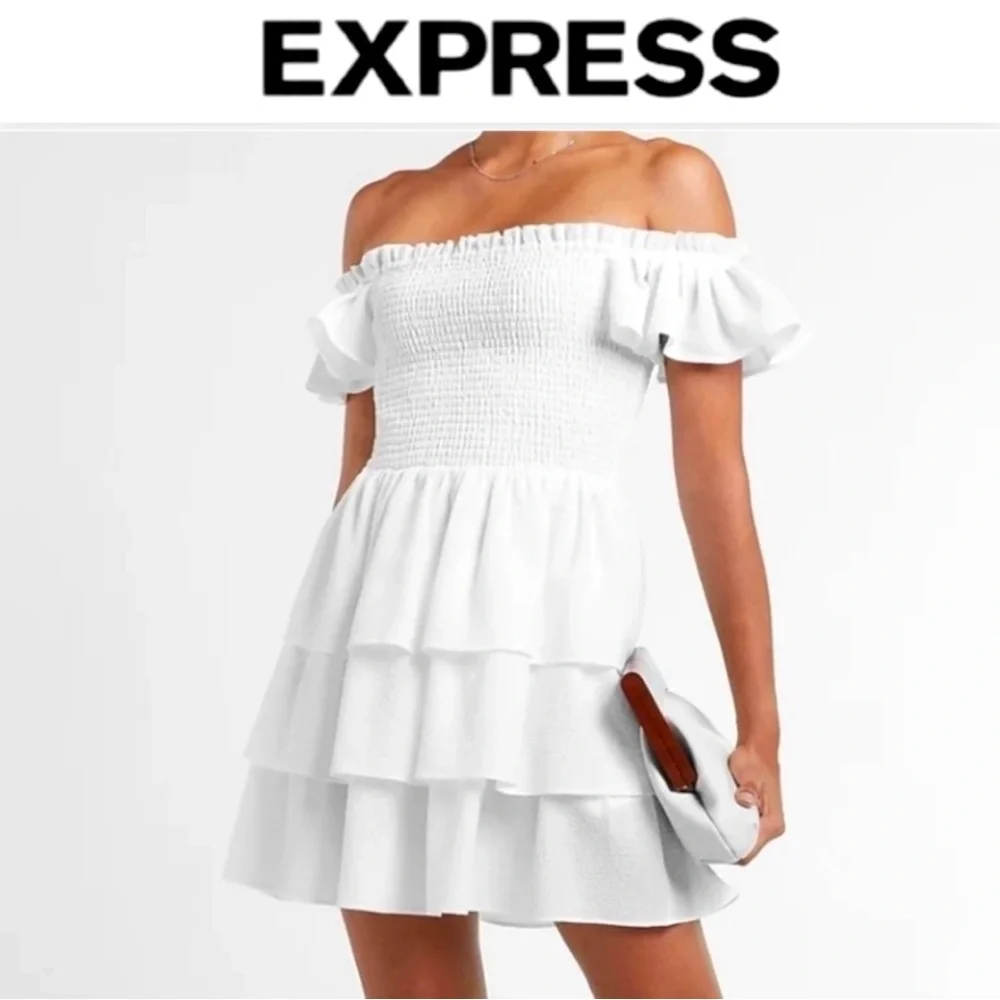 EXPRESS White colored Off the Shoulder Ruffle Tiered Dress, Size L NWT - Picture 13 of 13